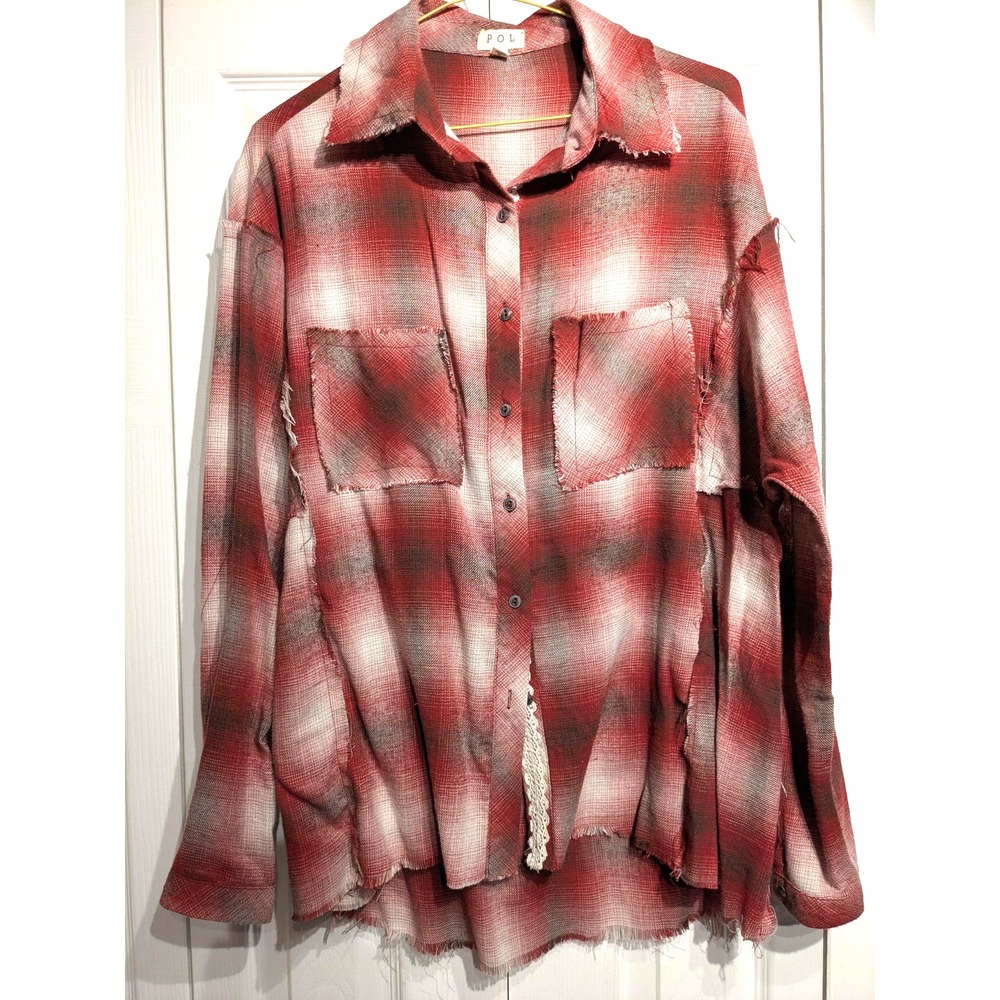 POL Shirt Womens Medium Red Plaid Button Up Distressed Fray Lace Trim Grunge Top